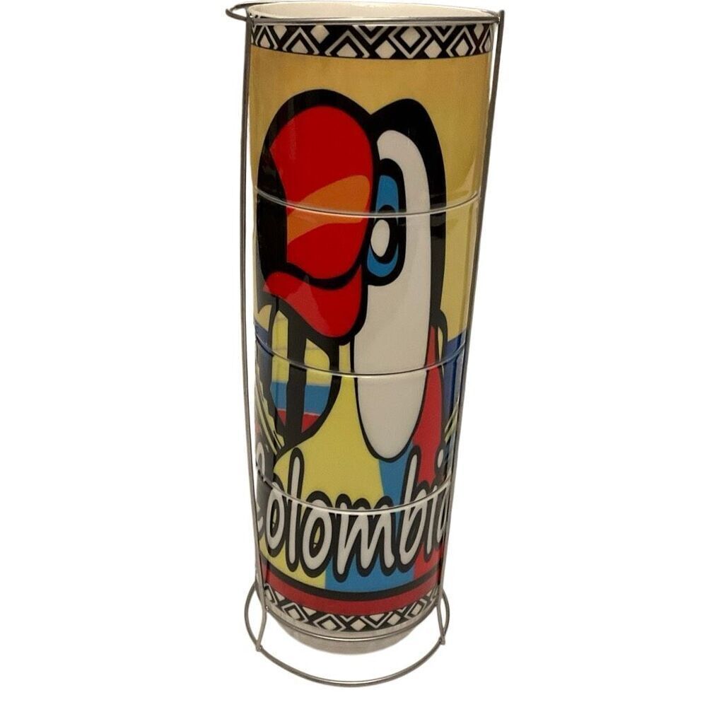 Vintage Columbia Toucan Stacking Coffee Cups. Set of 4 with Metal Holder